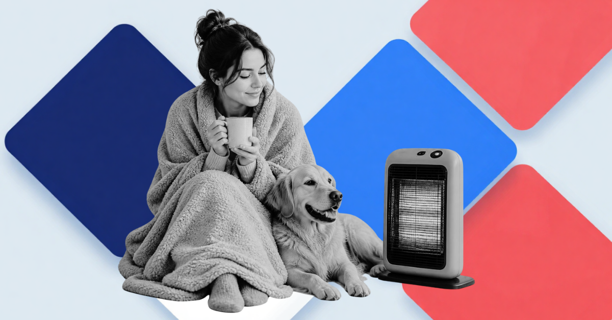 Woman and dog by heater